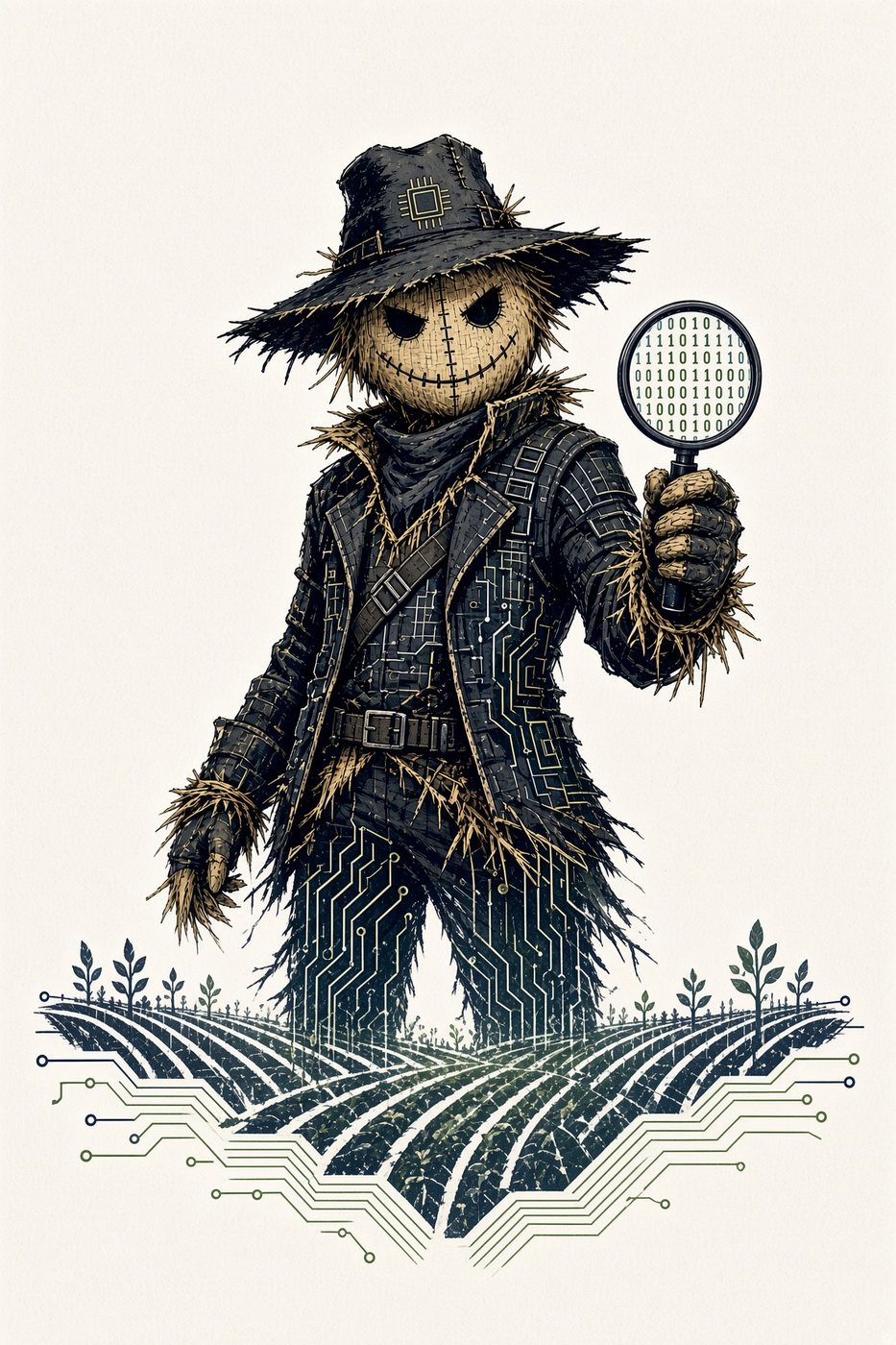 Illustrated scarecrow in a circuit-stitched coat over a digital field.
