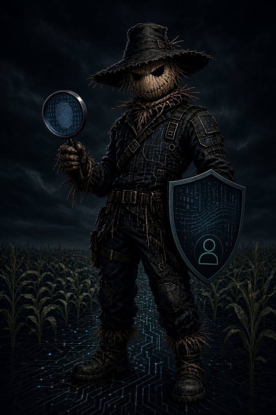 A scarecrow sentinel in tactical gear, holding a fingerprint magnifier and a digital shield.